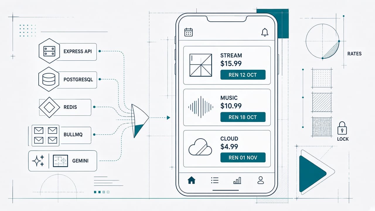 Blueprint diagram of Subscription Tracker — API, Redis, BullMQ, Gemini extraction, and Android sync