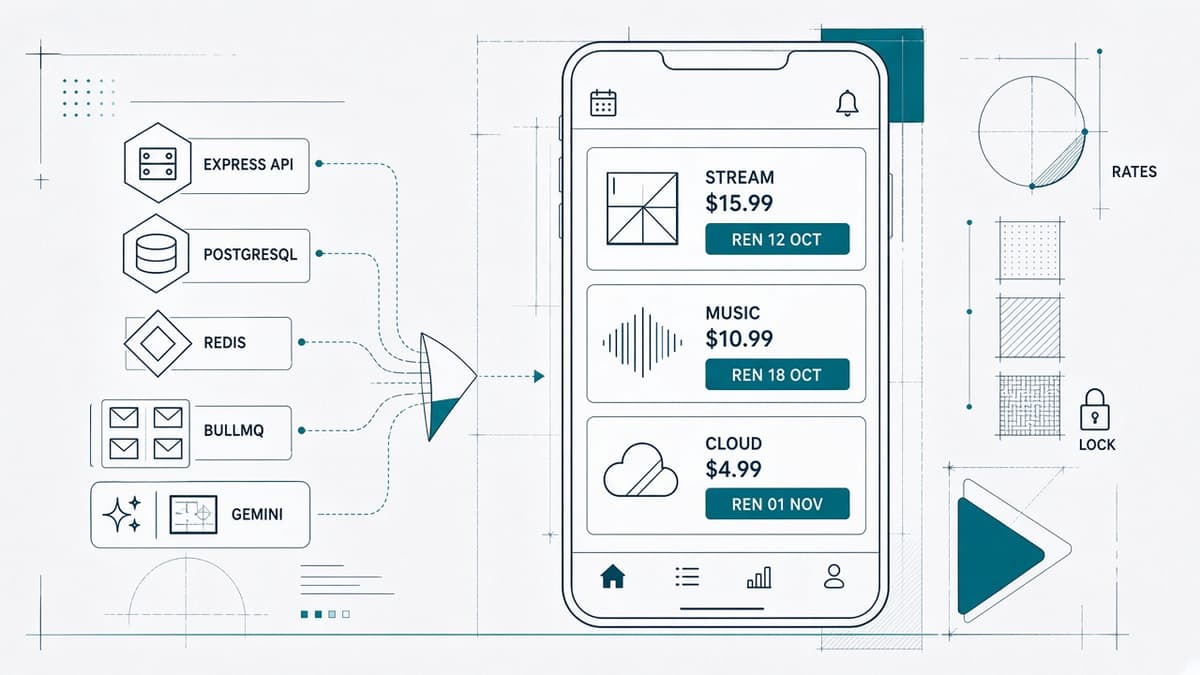 Blueprint diagram of Subscription Tracker — API, Redis, BullMQ, Gemini extraction, and Android sync